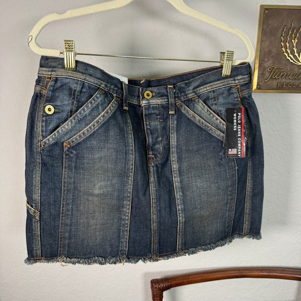Polo Jeans Ralph Lauren Billie Carpenter Denim Mini Skirt Blue Raw Hem 8 NEW